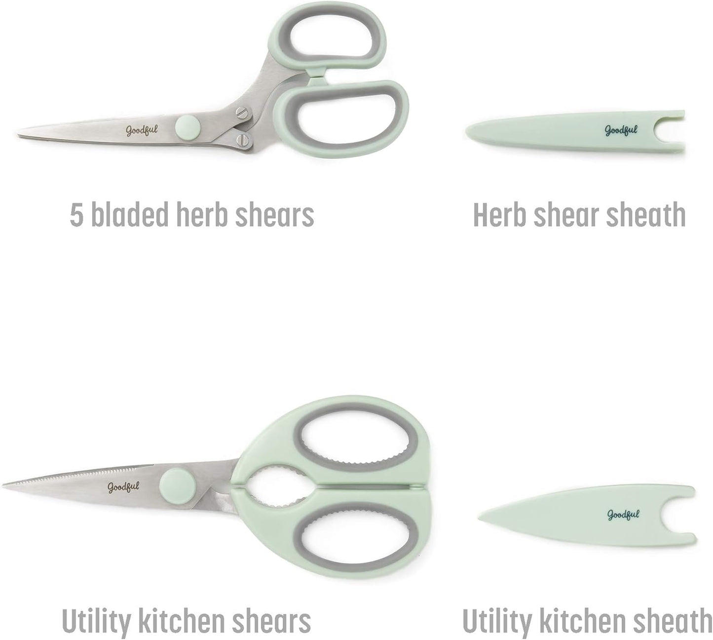 Goodful Utility Kitchen Shear and 5-Blade Herb Shear Set, Premium Stainless Steel Blades with Protective Guards, Comfort Grip Handles, Built-in Herb Shear Cleaning Comb, 2-Piece Set, Sage Green