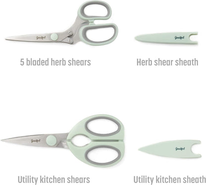Goodful Utility Kitchen Shear and 5-Blade Herb Shear Set, Premium Stainless Steel Blades with Protective Guards, Comfort Grip Handles, Built-in Herb Shear Cleaning Comb, 2-Piece Set, Sage Green