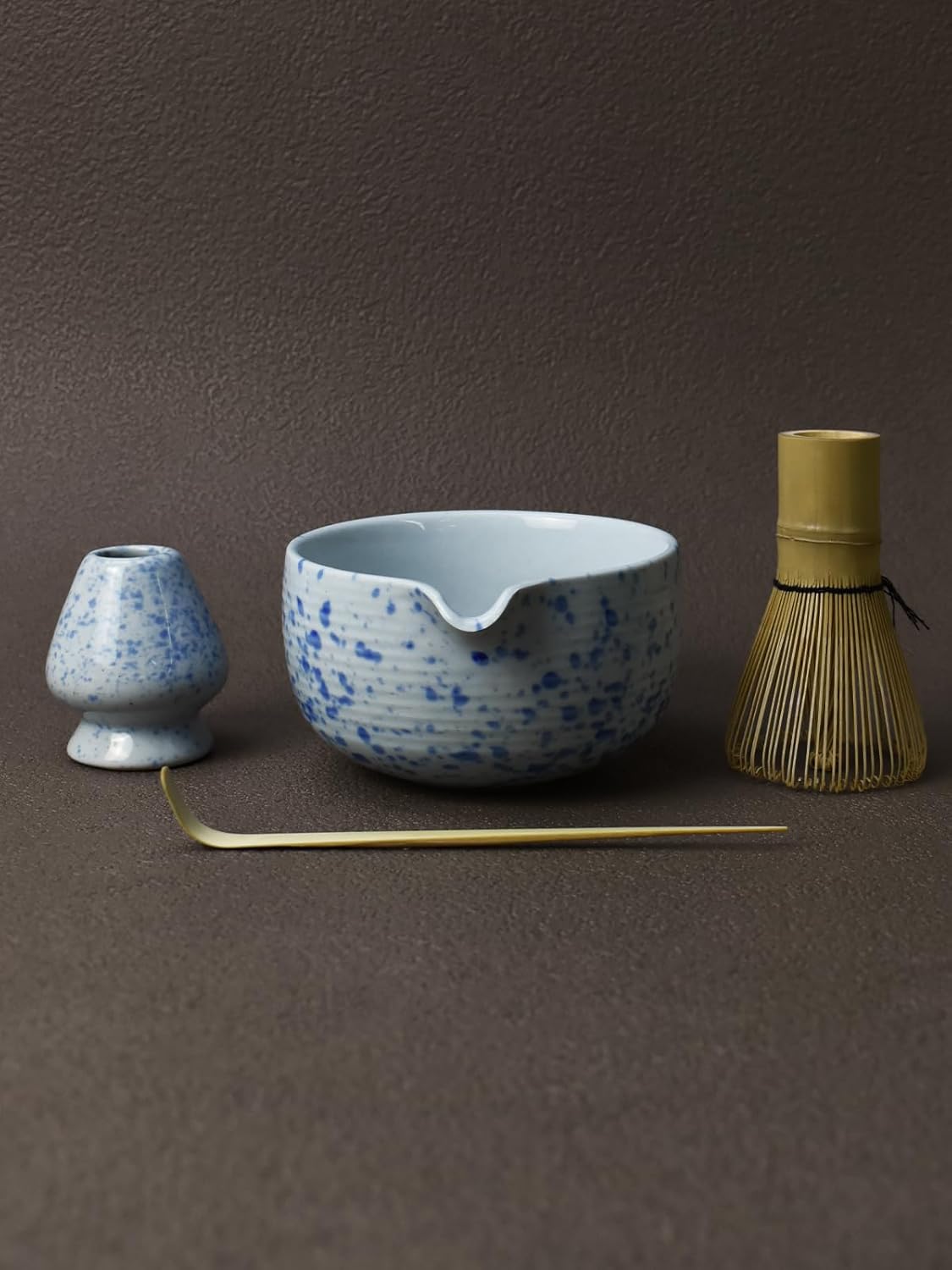 Artcome 4 Pcs Complete Matcha Ceremony Kit - Japanese Bowl With Pouring Spout, Whisk, Holder, Scoop - Tea Set for Making Usucha, Koicha and Latte (Green)