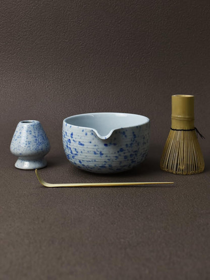 Artcome 4 Pcs Complete Matcha Ceremony Kit - Japanese Bowl With Pouring Spout, Whisk, Holder, Scoop - Tea Set for Making Usucha, Koicha and Latte (Green)