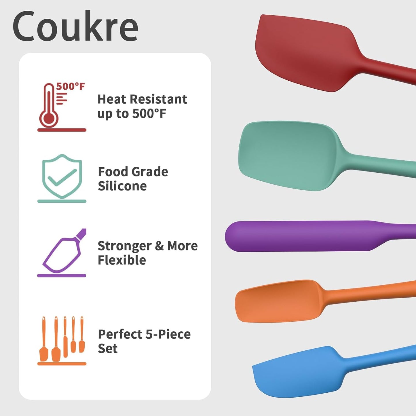 Coukre Silicone Spatula Set of 5,High Temperature Resistant, Food Grade Silicone, Dishwasher Safe, for Baking, Cooking (Pure Colorful A)