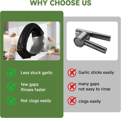 Garlic Press Rocker 304 Stainless Steel Garlic Mincer Crusher Easy to Clean Dishwasher Safe Textured End for Light Tenderizing, with Silicone Peeler and Cleaning Brush (Green)