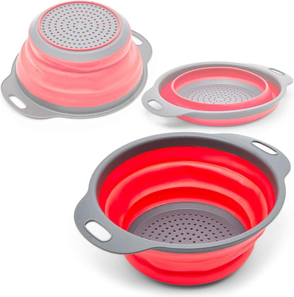 Juvale Collapsible Colander Set of 3, Space-Saving Kitchen Strainer, Use to Drain Vegetables and Fruits, Heat-Resistant Pasta Strainer with Handle, Foldable for Easy Storage, Ideal for Campers, Red