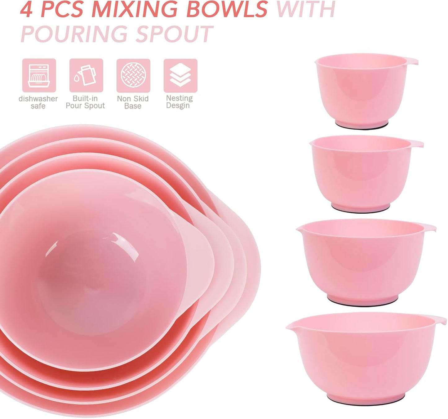 BoxedHome Green Ombre Nesting Plastic Mixing Bowl Set With Pour Spout, Microwave and Dishwasher Safe, BPA free Non-Slip Base, Set of 4 Size 1.7, 2.5, 3.5 and 4.5qt, Great for Prepping, Baking, Cooking