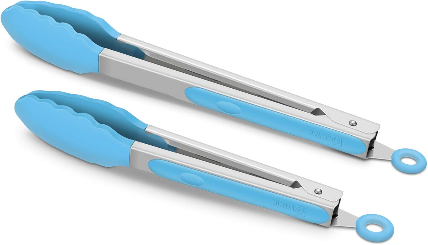 2 Pack Black Kitchen Tongs, Premium Silicone BPA Free Non-Stick Stainless Steel BBQ Cooking Grilling Locking Food Tongs, 9-Inch & 12-Inch