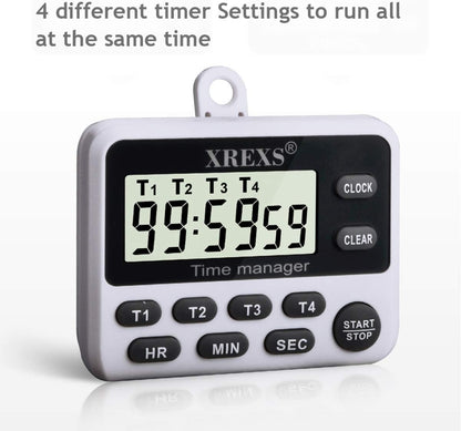 XREXS 4-Channel Digital Kitchen Timer Clock with Large LCD Display, 4 Groups Simultaneous Timing Countdown Up Pocket Timer, Magnetic Attachable (Battery Included)