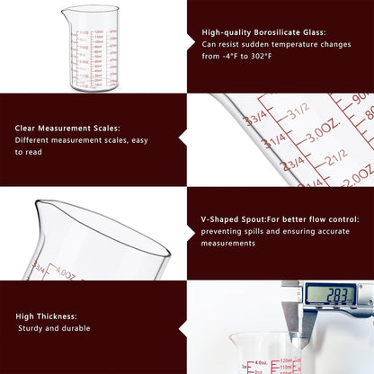 Measuring Cup Set 30ml L(1oz), 60ml (2oz), 120ml (4oz), 250ml (8oz), 4 Piece Glass Liquid Measuring Beakers, High Borosilicate Glass Measuring Cup, V-Shaped Spout