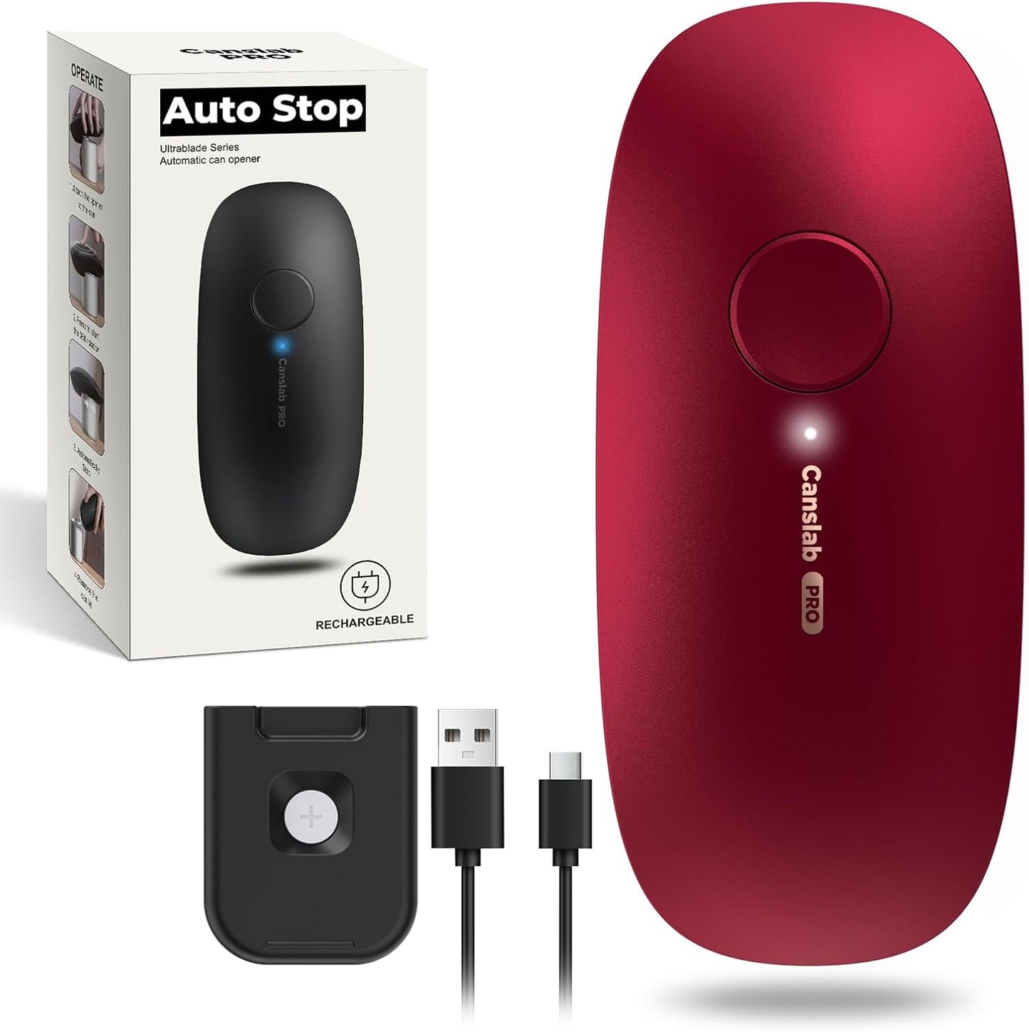 Canslab Ultrablade PRO Auto Stop Can Opener - Rechargeable Electric Can Opener for Kitchen for Seniors with Arthritis - One Touch Side Cut Opener, Smooth Edge, Handfree, Wall Mounted Small Size, Black