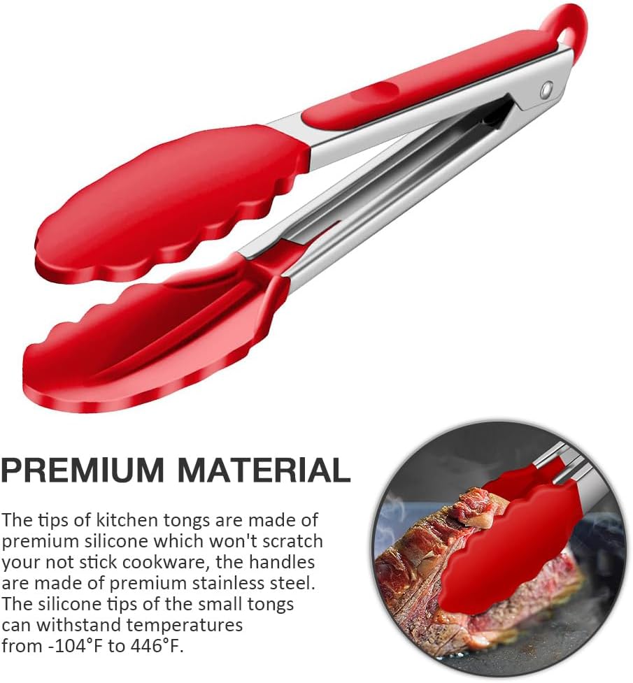Mini Silicone Serving Tongs Set of 3, Small Kitchen Tongs (7 inch) with Silicone Tips and Stainless Steel Handle, Cooking Tongs for Salads, Pasta, Steaks, Vegetables