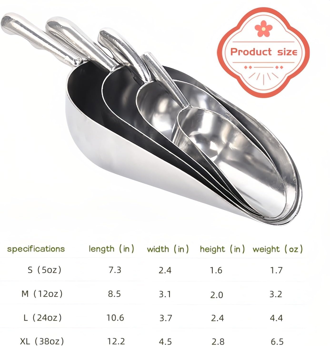 Heavy-Duty Cast Aluminum Kitchen Scoop - Rust-Proof, Ergonomic S-Handle Ice Cube Endurance Scoopfor Ice, Candy, Popcorn, Coffee Beans, Flour & Pet Food - Commercial-Grade Durable Design (L（24oz）)