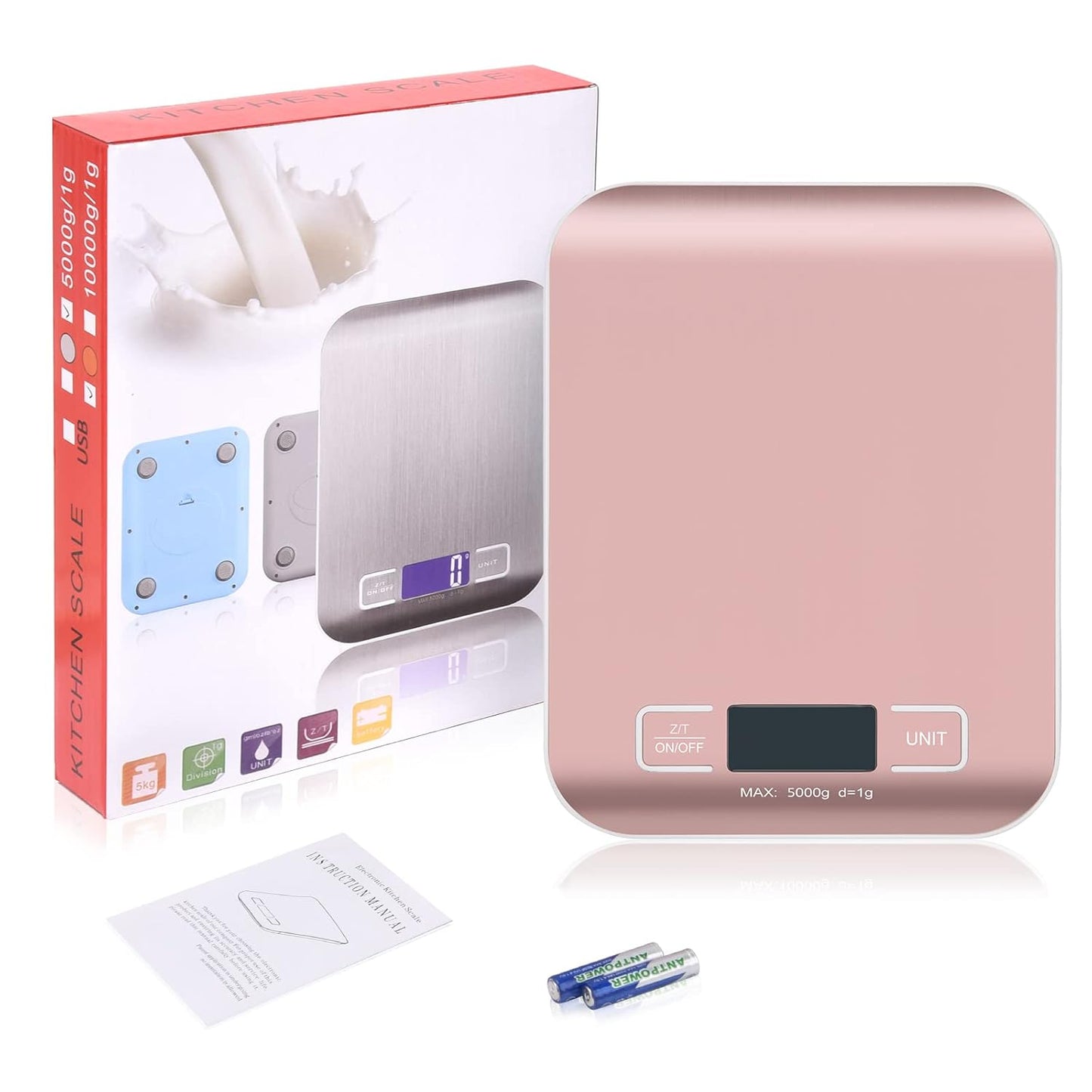 Kitchen Food Digital Scale Portable Postal Scale for Small Business Packages, Food, Handmade Goods, Liquids, with Large LCD Display High-Precision 1g Accuracy (Rose Gold Rechargeable(5kg/1g))