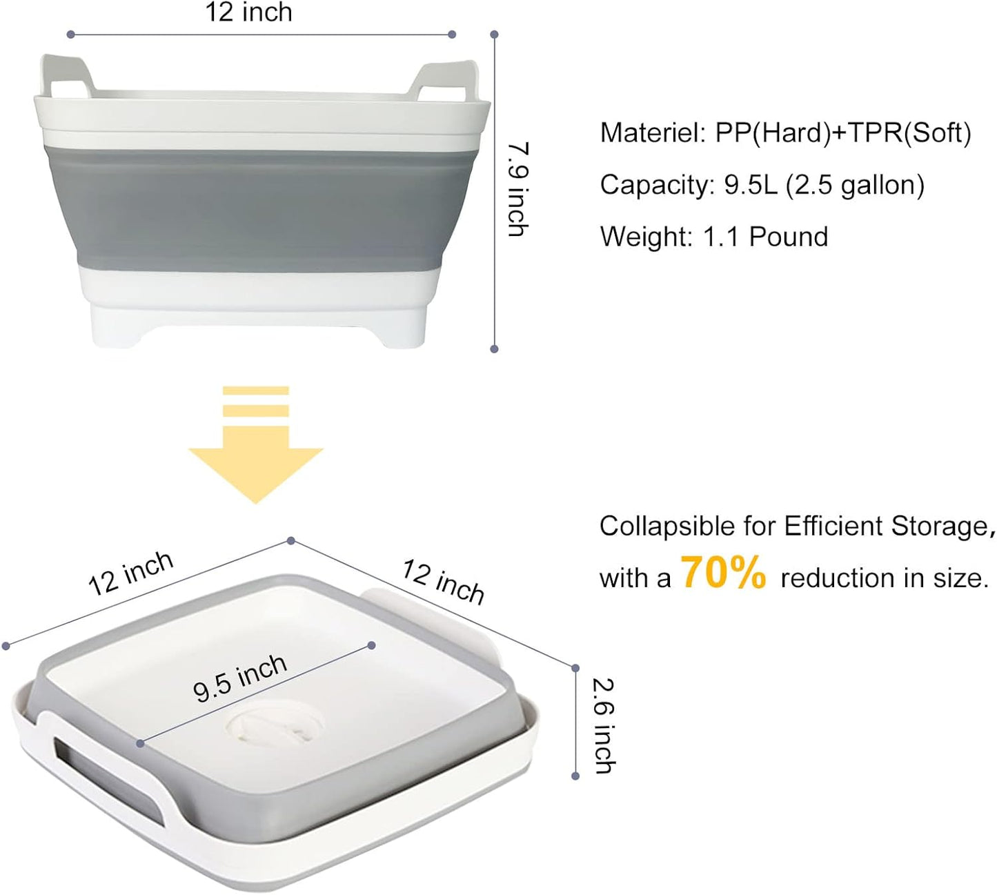 Collapsible Dish Basin & Sink Tub with Drain Plug – 2.4 Gal Baby Bottle Wash Basin, Bottle Washing Bin for RV, Camping, Kitchen | Collapsible Water & Bottle Basin (Grey)