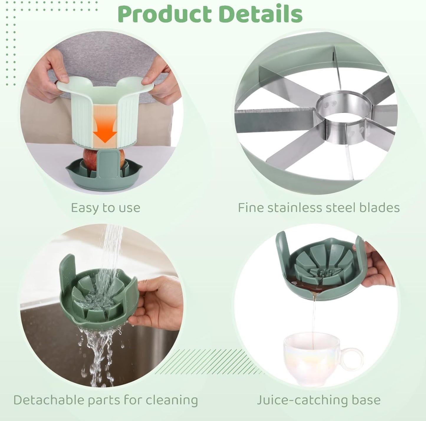 Apple Slicer and Corer Set with 3 Interchangeable Blades, Stainless Steel Apple Cutter, 8 Slices Slicer for Pear, Mango, Tomato, Green, 4.9 x 4.9 x 7.1 in