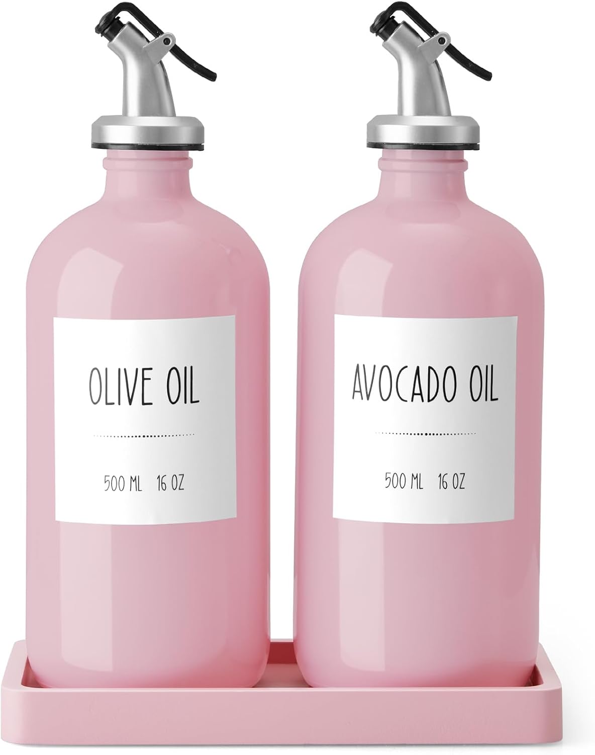 Olive Oil Dispenser Bottle for Kitchen, 16oz Glass Oil and Vinegar Dispenser Set with Wood Tray & 54 Labels - White Cooking Oil Bottles for Kitchen - Coffee Syrup Dispenser - Set of 2