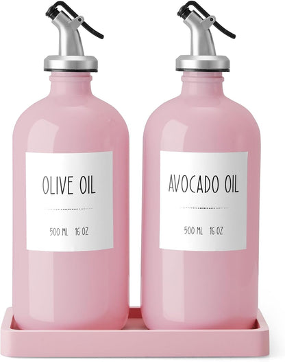 Olive Oil Dispenser Bottle for Kitchen, 16oz Glass Oil and Vinegar Dispenser Set with Wood Tray & 54 Labels - White Cooking Oil Bottles for Kitchen - Coffee Syrup Dispenser - Set of 2