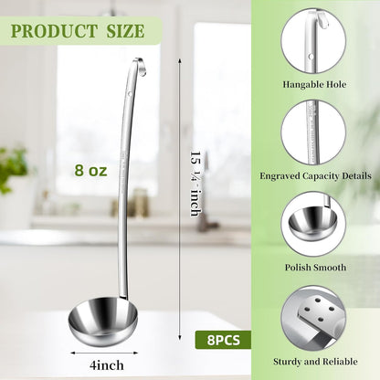 8pcs Stainless Steel Ladle 2 Oz Soup Ladle 10" long Spoon Heavy-Duty Metal Spoon Sets big spoons for cooking Serving Soups, Gravy, Portioning, Stirring