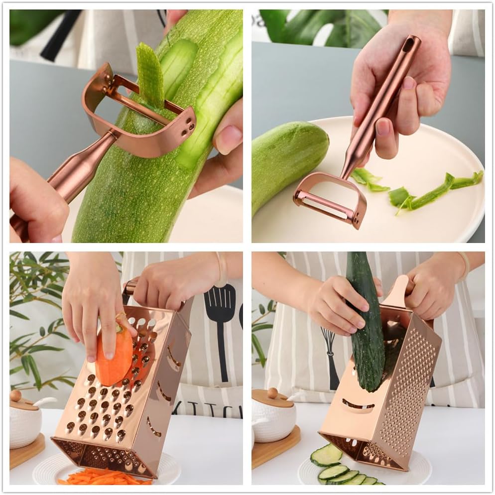 4 Sides Box Grater For Kitchen,Stainless Steel Cheese Grater With Handle,Multi-Function Vegetable Slicer Food Shredder For Chees,Ginger,Vegetables,Dishwasher Safe, Gold