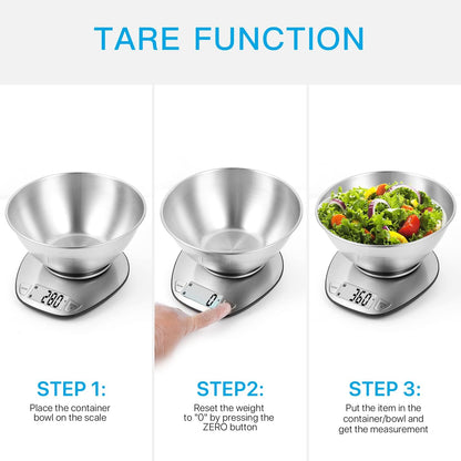 BAGAIL BASICS Digital Kitchen Scale, Large Clear Display, Wet and Dry Food Scale with Stainless Steel Mixing Bowl - 11 lb