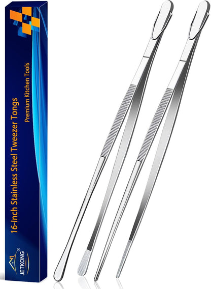 JETKONG 2 Pcs 12-Inch Kitchen Tweezers Fine Tweezer Tongs, Extra-Long Stainless Steel Cooking Tweezers (Silver)