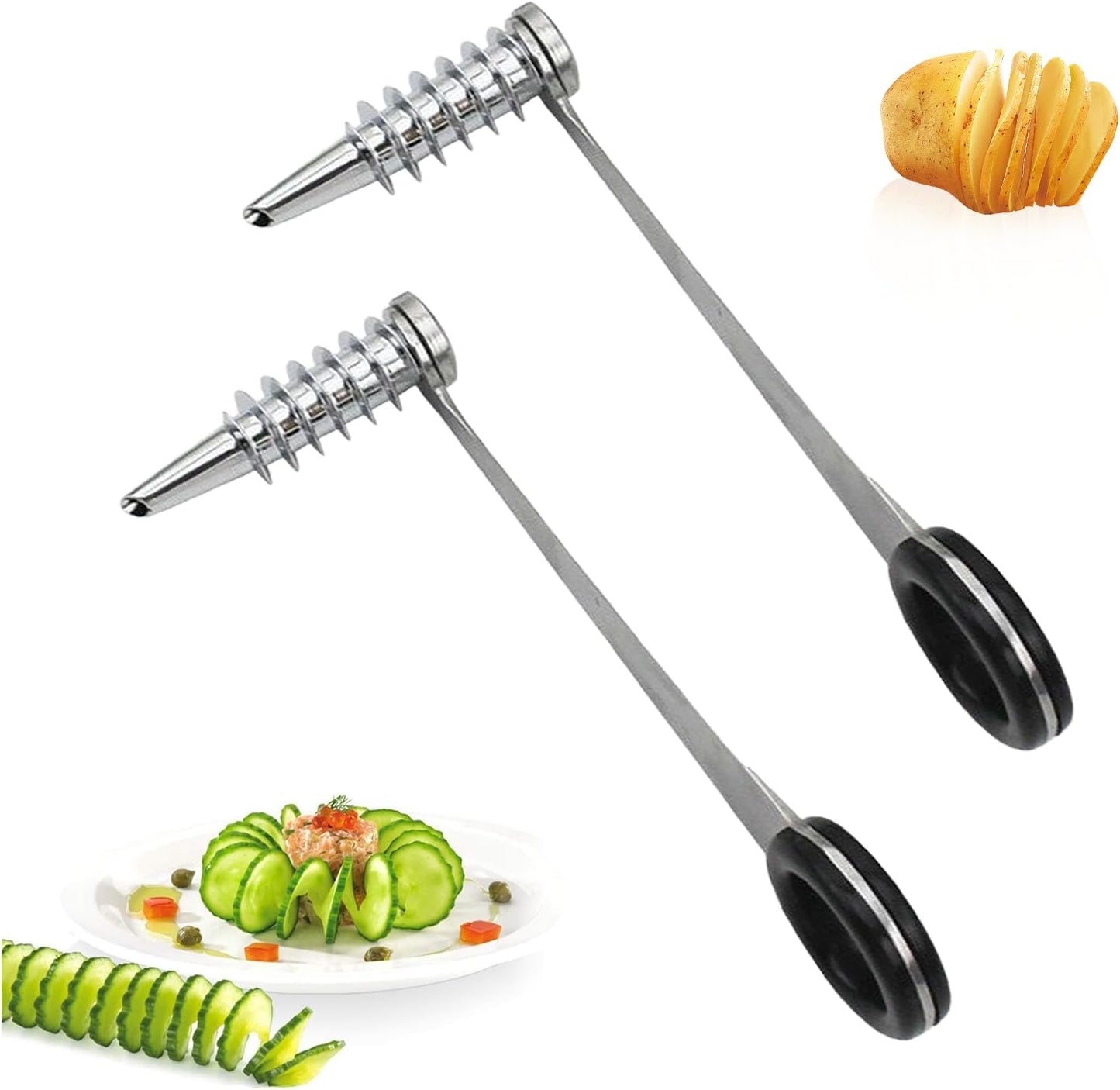 2 Pack Piranha Spiral Cutter for Potatoes, Stainless Steel Spiral Cutter for Veggies Cucumber and Carrot
