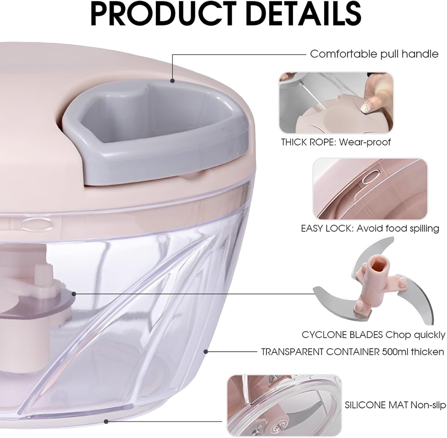 Vegetable Chopper Manual Hand Pull String Onion and Garlic Mincer Chopper 500ml Small Fruit and Veggie Cutter Portable for Ginger Chili Pepper Meat Salad - Pink