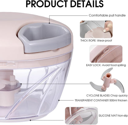 Vegetable Chopper Manual Hand Pull String Onion and Garlic Mincer Chopper 500ml Small Fruit and Veggie Cutter Portable for Ginger Chili Pepper Meat Salad - Pink