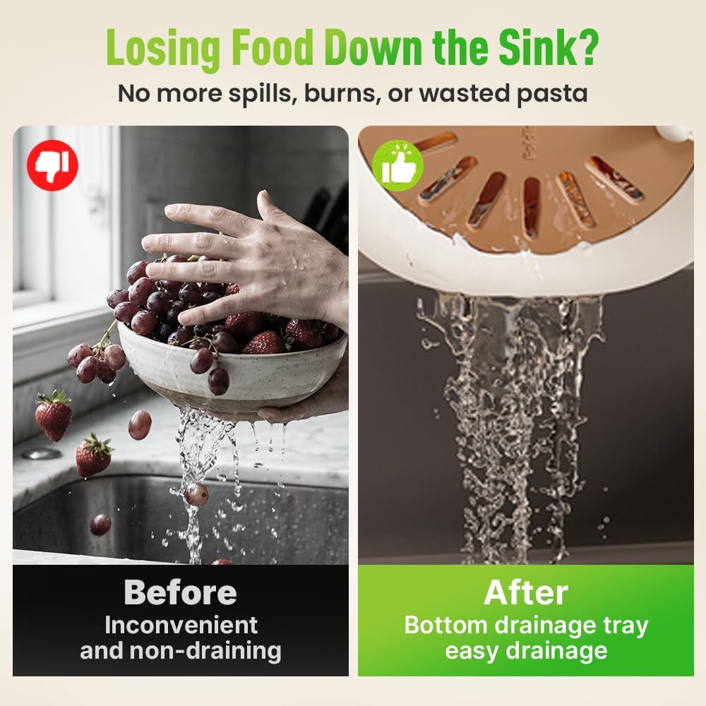 2-in-1 Draining and Preservation Basket,Multifunctional Fruit and Vegetable Washing Bowl with Handle Fruit Strainer Container and Lid for Kitchen Fridge Outdoor Picnic Camping (Brown)