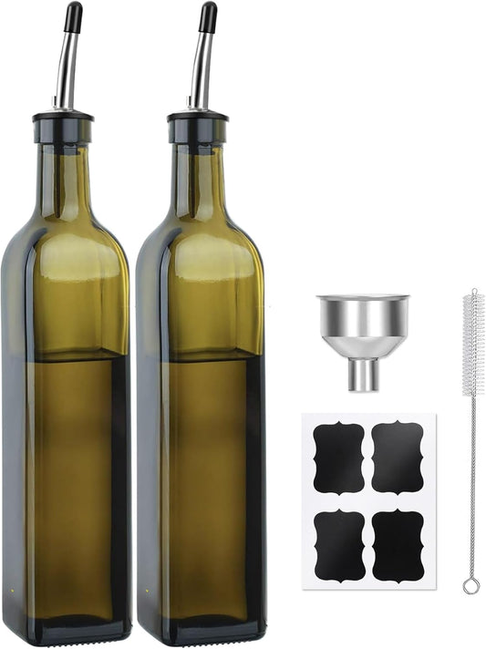Green Olive Oil Dispenser Bottle - 17oz/500ml Glass Oil and Vinegar Bottles Set for Kitchen, Oil Dispenser with 2 Stainless Steel Pourers, Funnel and Brush