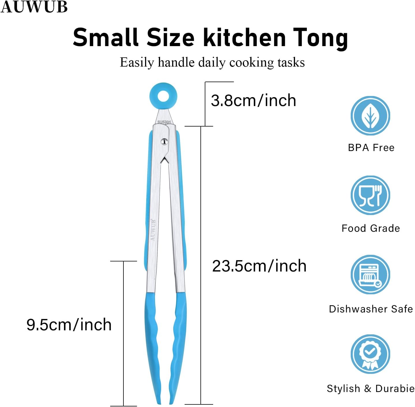 9+12 Inch Blue Salad Tongs 2-Piece Set, Silicone with 304 Stainless Steel Core & Non-Slip Grip, Kitchen Utensils for Grilling Salad