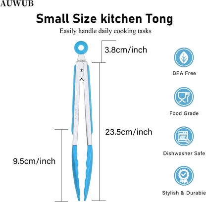 9+12 Inch Blue Salad Tongs 2-Piece Set, Silicone with 304 Stainless Steel Core & Non-Slip Grip, Kitchen Utensils for Grilling Salad