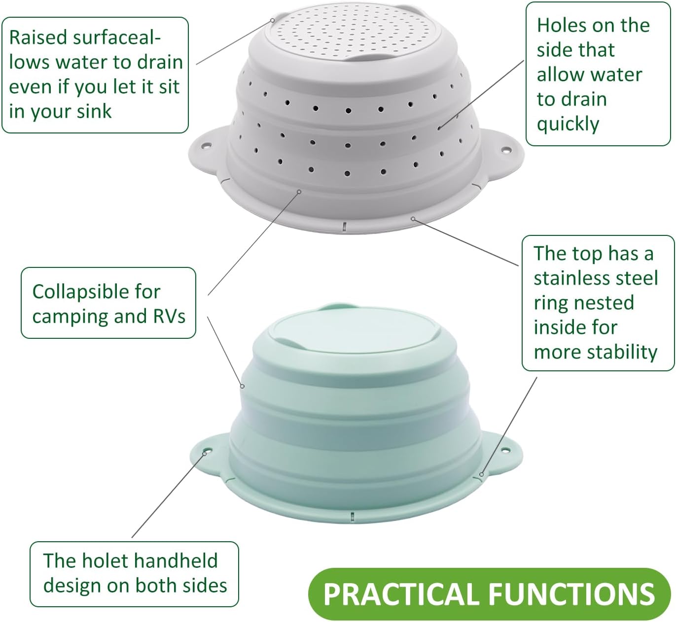 Collapsible Silicone Colander Bowl Set,BPA Free, Heat Resistant, Stainless Steel Nesting, Portable Washing Basket Strainer Drain Basin for Pasta, Vegetable and fruit, Kitchen, Camping, Hiking