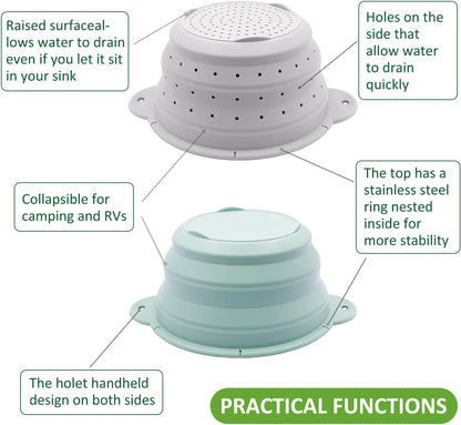 Collapsible Silicone Colander Bowl Set,BPA Free, Heat Resistant, Stainless Steel Nesting, Portable Washing Basket Strainer Drain Basin for Pasta, Vegetable and fruit, Kitchen, Camping, Hiking