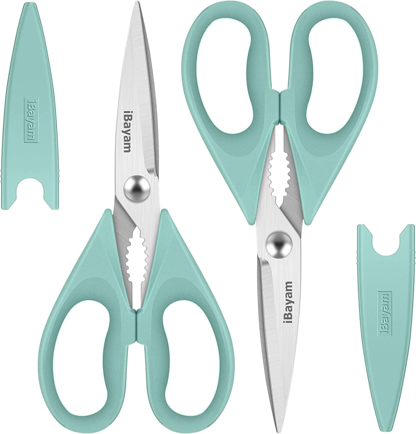 iBayam Kitchen Scissors All Purpose Heavy Duty 2 Pack with Protective Sheath, Stainless Steel Shears Kitchen Utensils Set for Cutting Food Cooking Meat Poultry Dishwasher Safe Soft Comfort-Grip