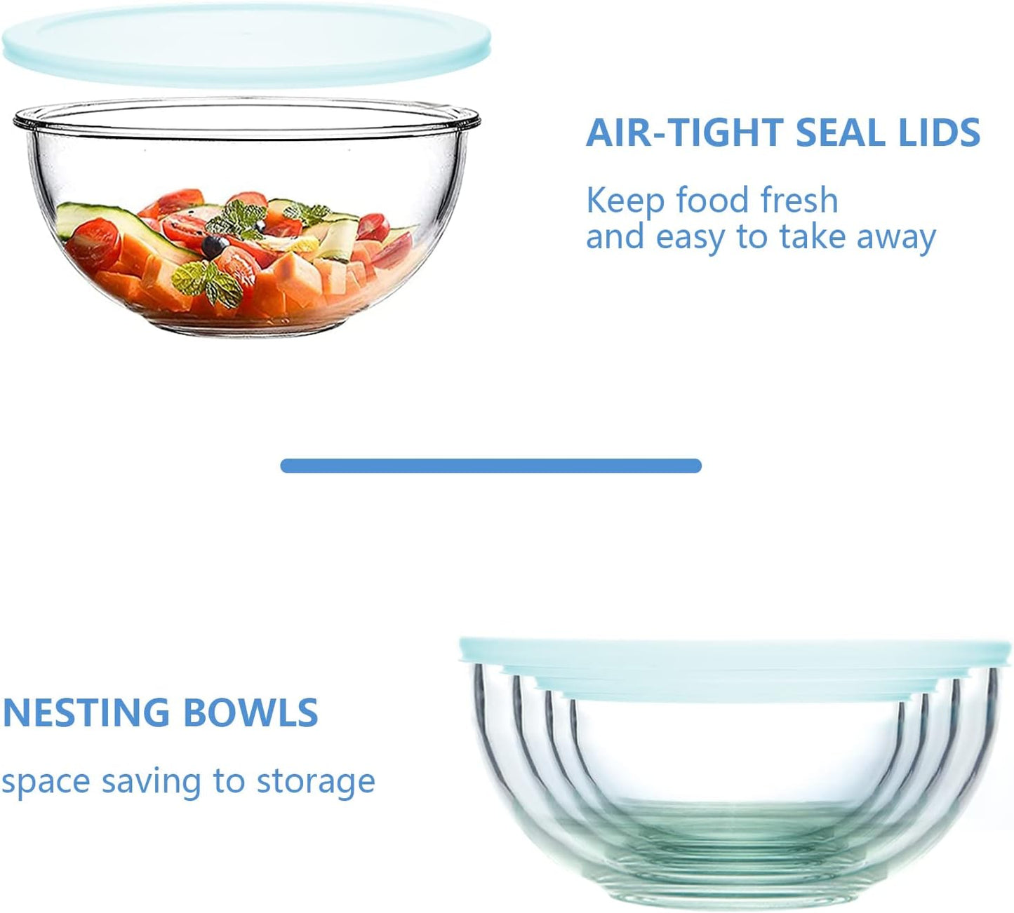 WhiteRhino Glass Mixing Bowls Glass Bowls with Lids Set(4.5QT,2.7QT, 1.1QT),Large Salad Bowls,glass mixing bowl Space-Saving Nesting Storage bowls for Cooking,Baking,Prepping,Dishwasher Safe