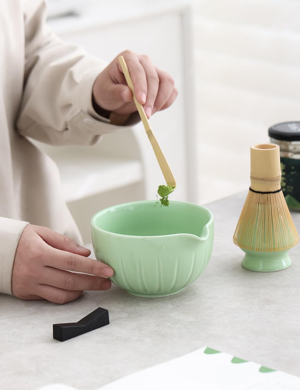 TANG PIN Matcha Set - Match Bowl and Whisk, 15 OZ, Matcha Scoop | Matcha Whisk Stand (Chasen Holder) - 4pc Perfect Matcha Kit for Matcha Tea Ceremony (Mottled Green)