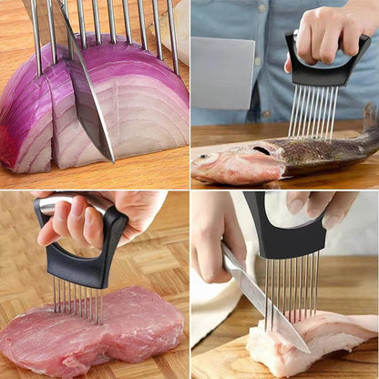 Onion Slicer Holder with Protective Cover, Lemon Slicer Holder Onion Cutter, Vegetable Cutter Kitchen Chopper Slicing Assistant Tool for Tomato Meat