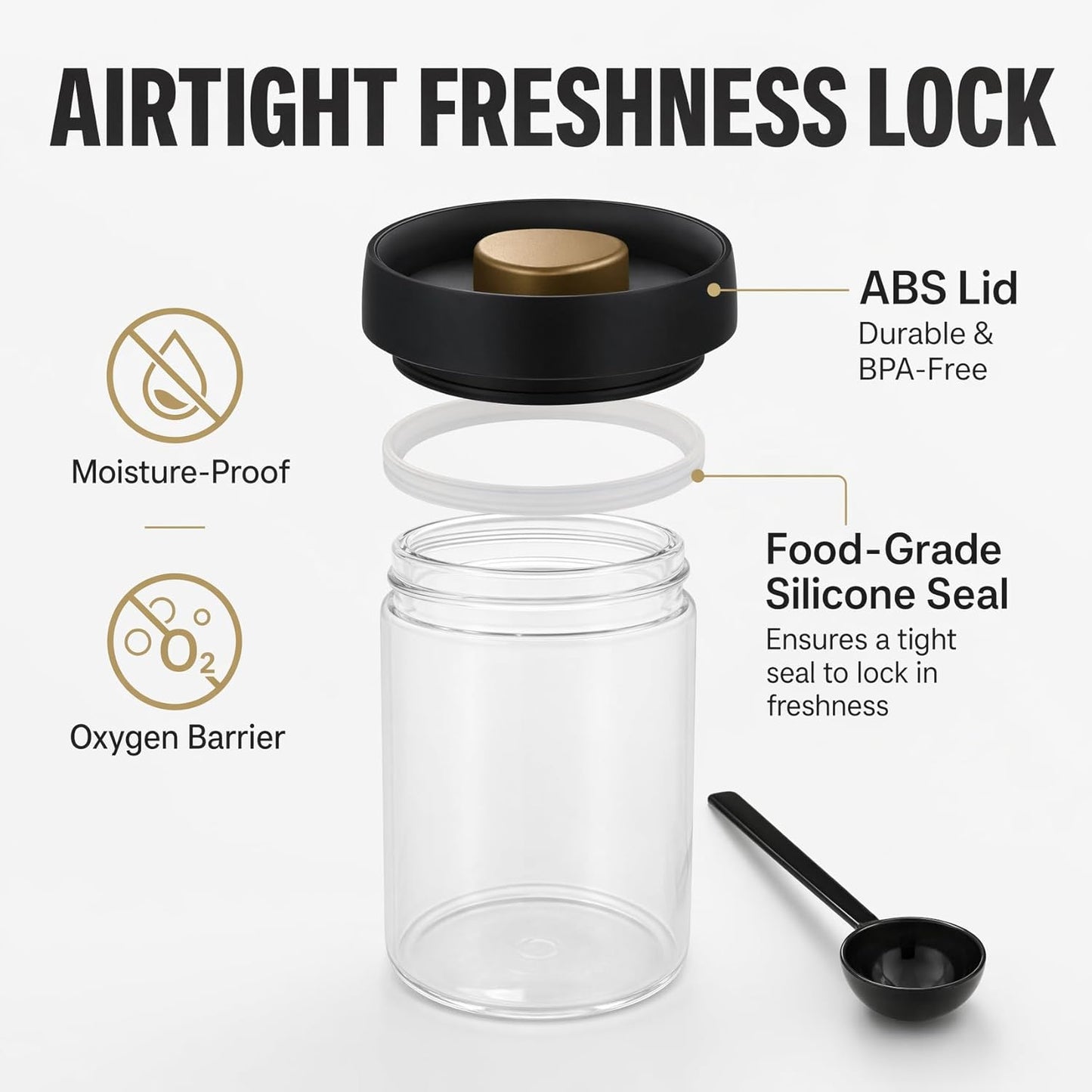 Glass Vacuum Coffee Canister, Push-Button Airtight Clear Coffee Bean Storage Container with Steel Scoop, 1.2L/16oz Food Jar for Coffee Beans, Tea & Herbs