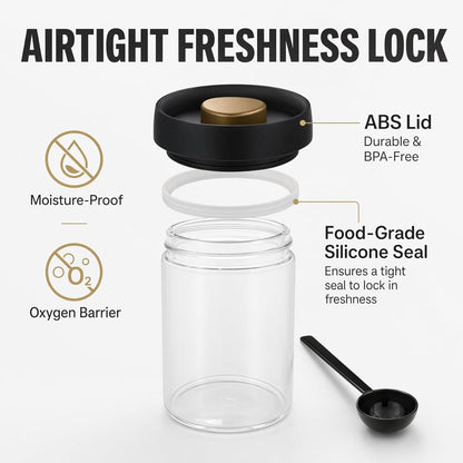 Glass Vacuum Coffee Canister, Push-Button Airtight Clear Coffee Bean Storage Container with Steel Scoop, 1.2L/16oz Food Jar for Coffee Beans, Tea & Herbs
