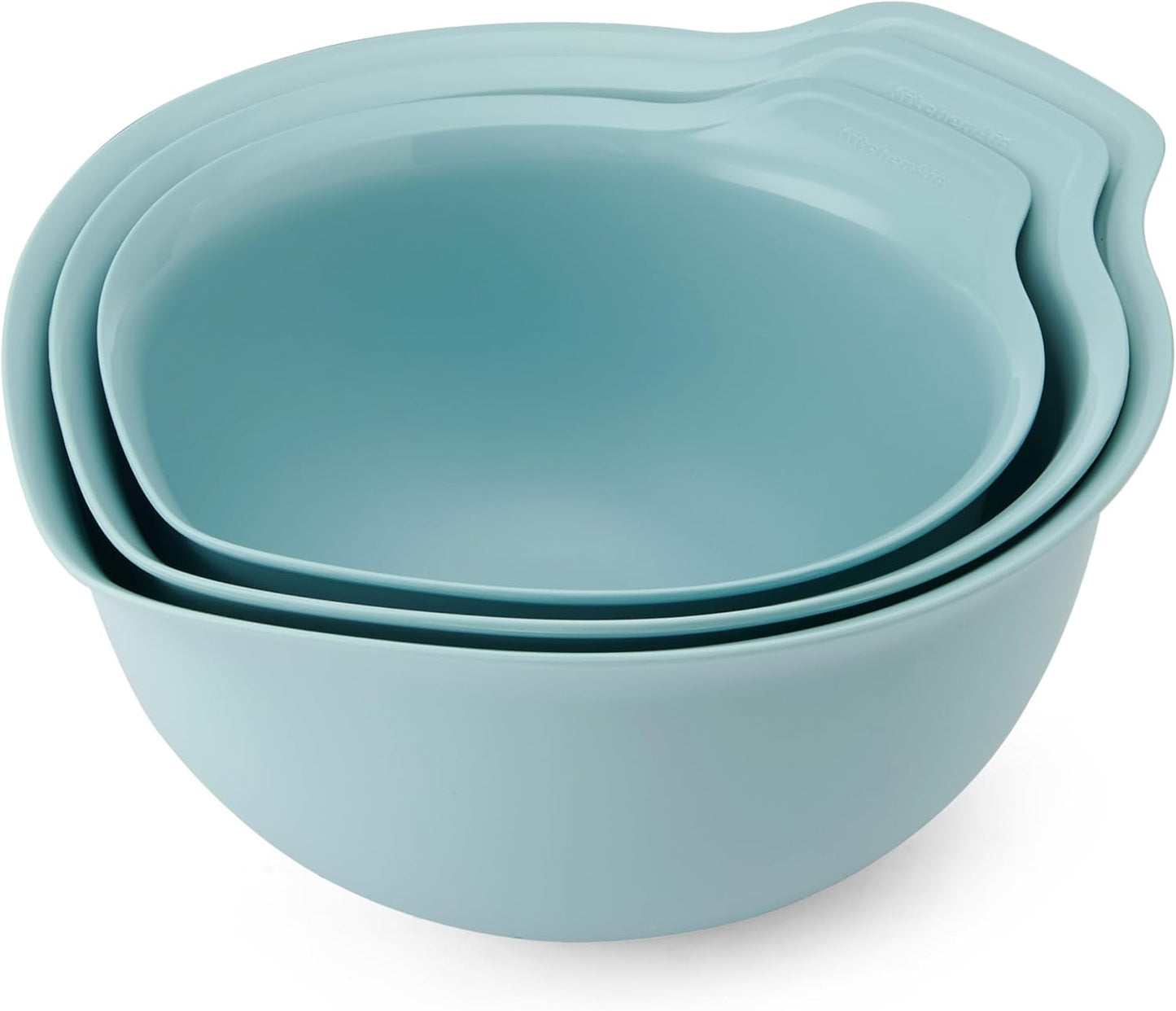 KitchenAid Universal Nesting Plastic Mixing Bowls, Set Of 3, 2.5 quart, 3.5 quart, 4.5 quart, Non Slip Base with Easy Pour Spout to Reduce Mess, Dishwasher Safe, Aqua Sky, White, Gray