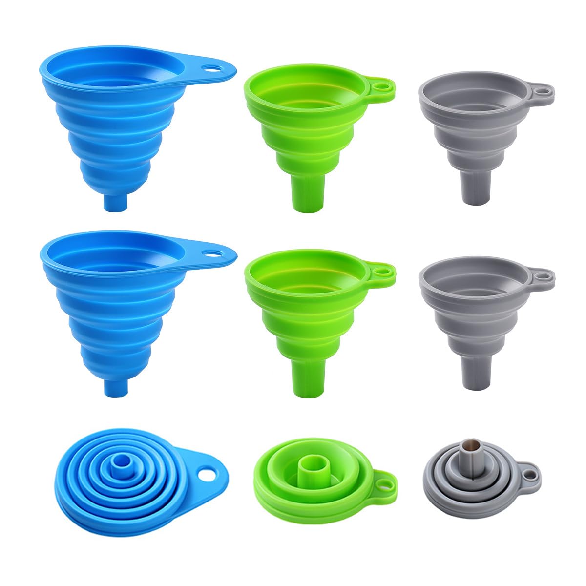 6 Pack Silicone Collapsible Funnels for Kitchen Use Filling Bottles, 3 Small and 3 Large Food Grade Kitchen Funnel Set for Filling Water, Oil, Spices, Powder – Silicone Funnels with Hook for Storage