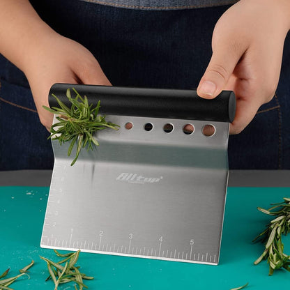ALLTOP Dough Bench Scraper/Cutter/Chopper Stainless Steel Blade with Herb Stripper,Multipurpose Kitchen Pastry Tool with Scale Ruler - Leaf Remover - 1 Pack