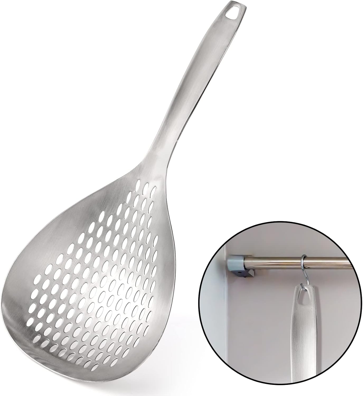 2 Pack Skimmer Slotted Spoon, 13.6 Inch Large Stainless Steel Skimmer Ladle Spoon Spider Strainer with Handle and Hanging Holes, Fryer Scoop Kitchen Colander for Cooking, Draining and Frying