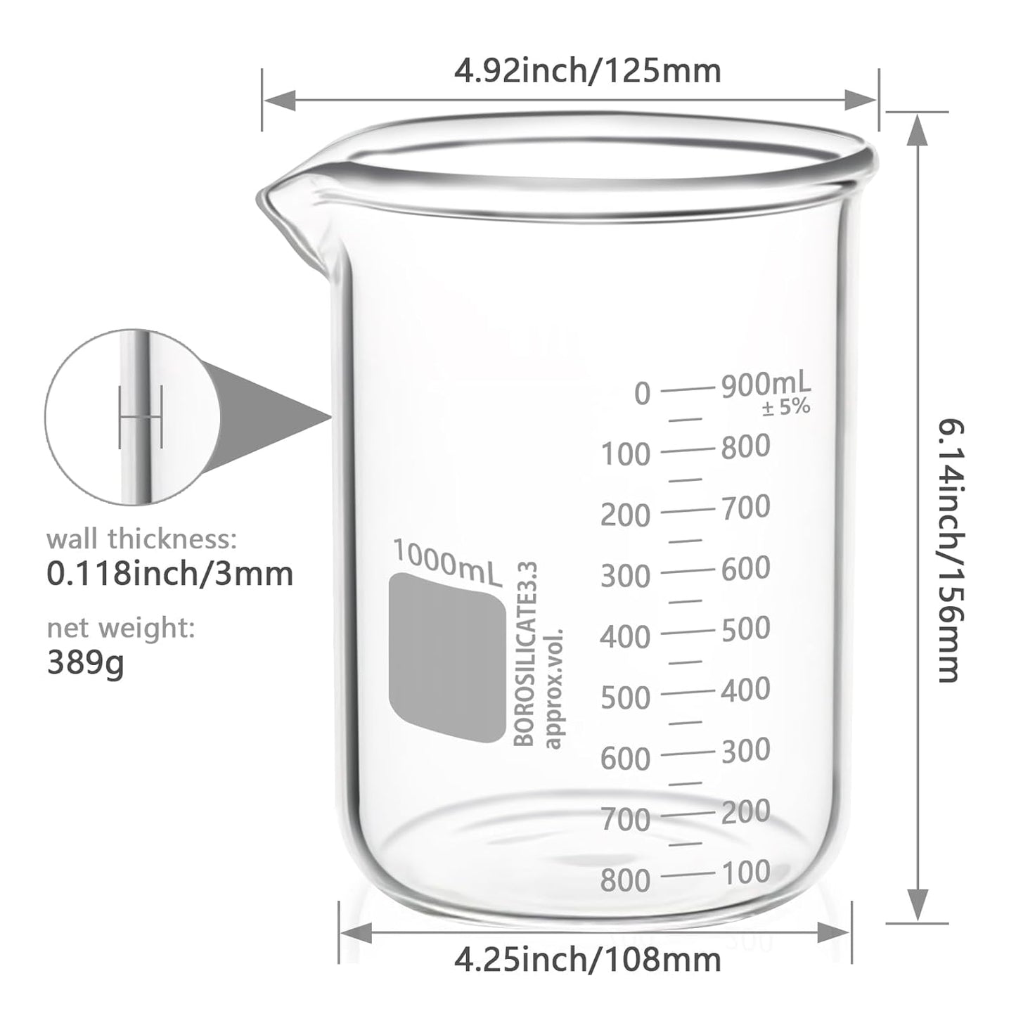 Heavy Duty 1000ML Glass Beaker White Double Scale Graduation, Borosilicate 3.3 Glass Lab Beaker, Low Form Griffin Glass Measuring Beaker, 1 Each (1000ML)