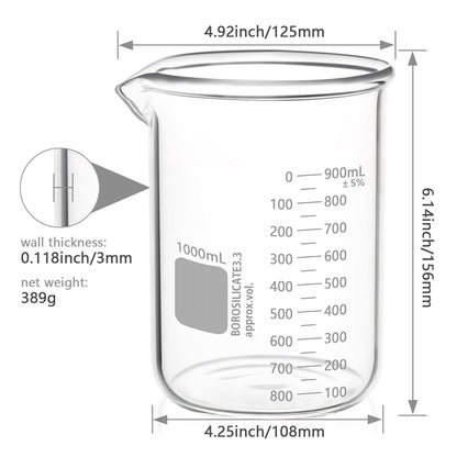 Heavy Duty 1000ML Glass Beaker White Double Scale Graduation, Borosilicate 3.3 Glass Lab Beaker, Low Form Griffin Glass Measuring Beaker, 1 Each (1000ML)