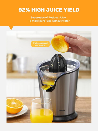 Aiheal Orange Juicer Machine Electric Citrus Juicer with Two Interchangeable Cones Suitable for All Size of Citrus Fruits, Anti-drip Spout and Ultra Quiet Motor, BPA Free, Brushed Stainless Steel