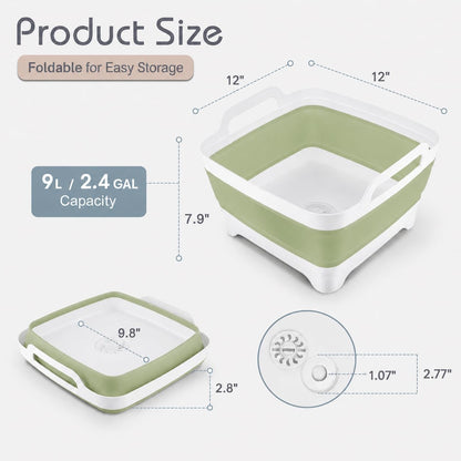 2.4 Gal(9L) Collapsible Dish Basin with Drain Plug, Space Saving Outdoor Multiuse Foldable Sink Tub, Dishpan, Kitchen Storage Tray for Camping, Vegetable Washing, RV (Gray)
