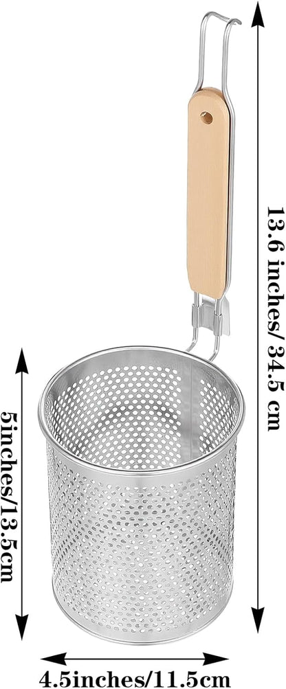 2 Pcs Pasta Strainer Basket, 5"x4.5" Stainless Steel Noodle Strainer with Wood Handle Kitchen Mesh Spider Strainers for Straining Pasta Noodles Dumpling