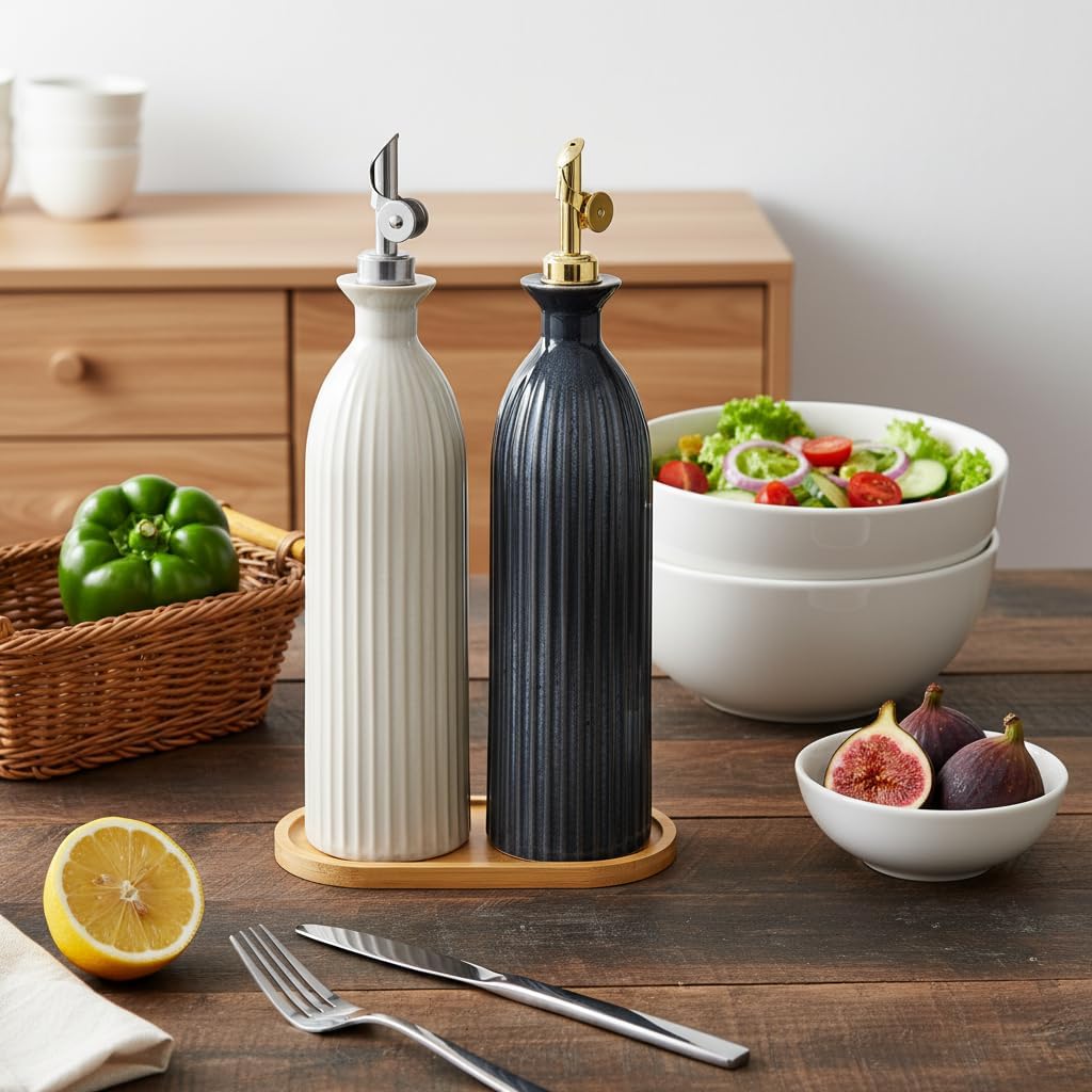 17 oz Ceramic Olive Oil Bottle Dispenser for kitchen with Stainless Automatic Spout, Stoneware 500ml Oil, Vinegar, Soy Sauce, Coffee Syrup, and Liquids container - Deep Gray-Blue