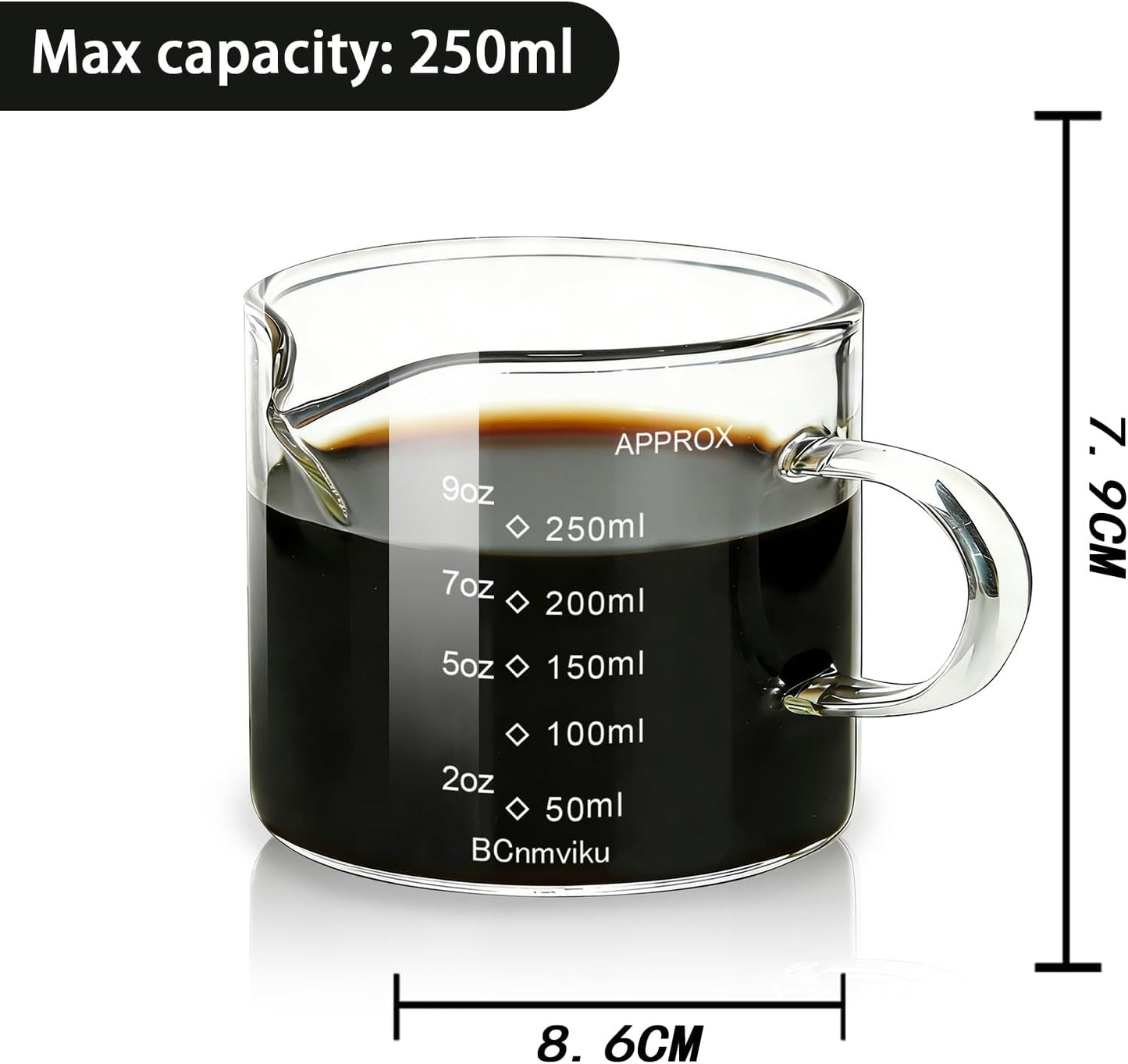 BCnmviku Espresso Cup Measuring Cup Triple Pitcher Milk Cup 250ML/8.5OZ Espresso Cups with Handle Shot Glass with V-Shaped Mouth Clear Accessories Milk Frothing Pitcher (1)