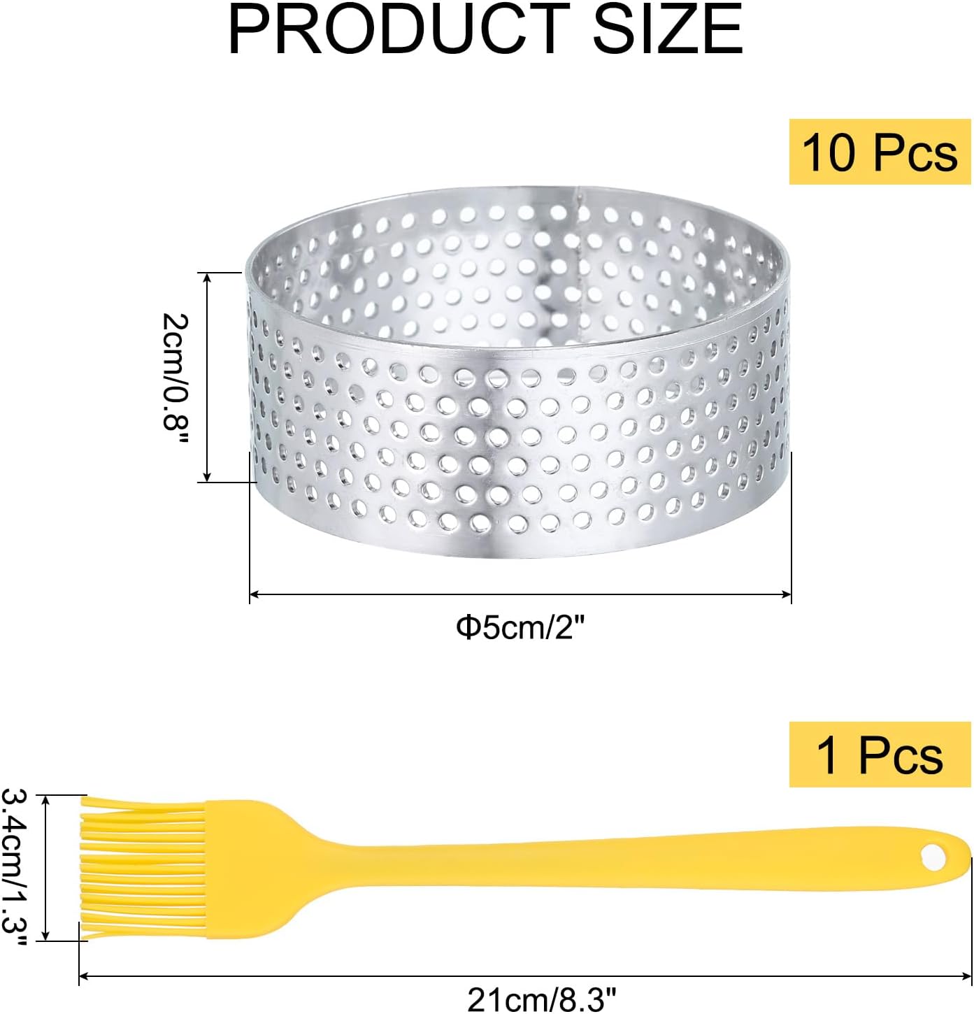 uxcell 10pcs Perforated Cake Rings 2.4 Inch Stainless Steel Round Cake Mousse Ring Molds with Brush for Baking Cake Dessert Pastry Making, Silver Tone